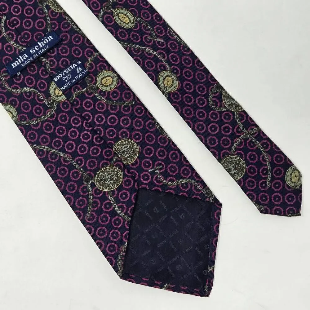 MILA SCHON ITALY SILK TIE BLUE RED CIRCLE POCKET WATCH PRINT 3.5